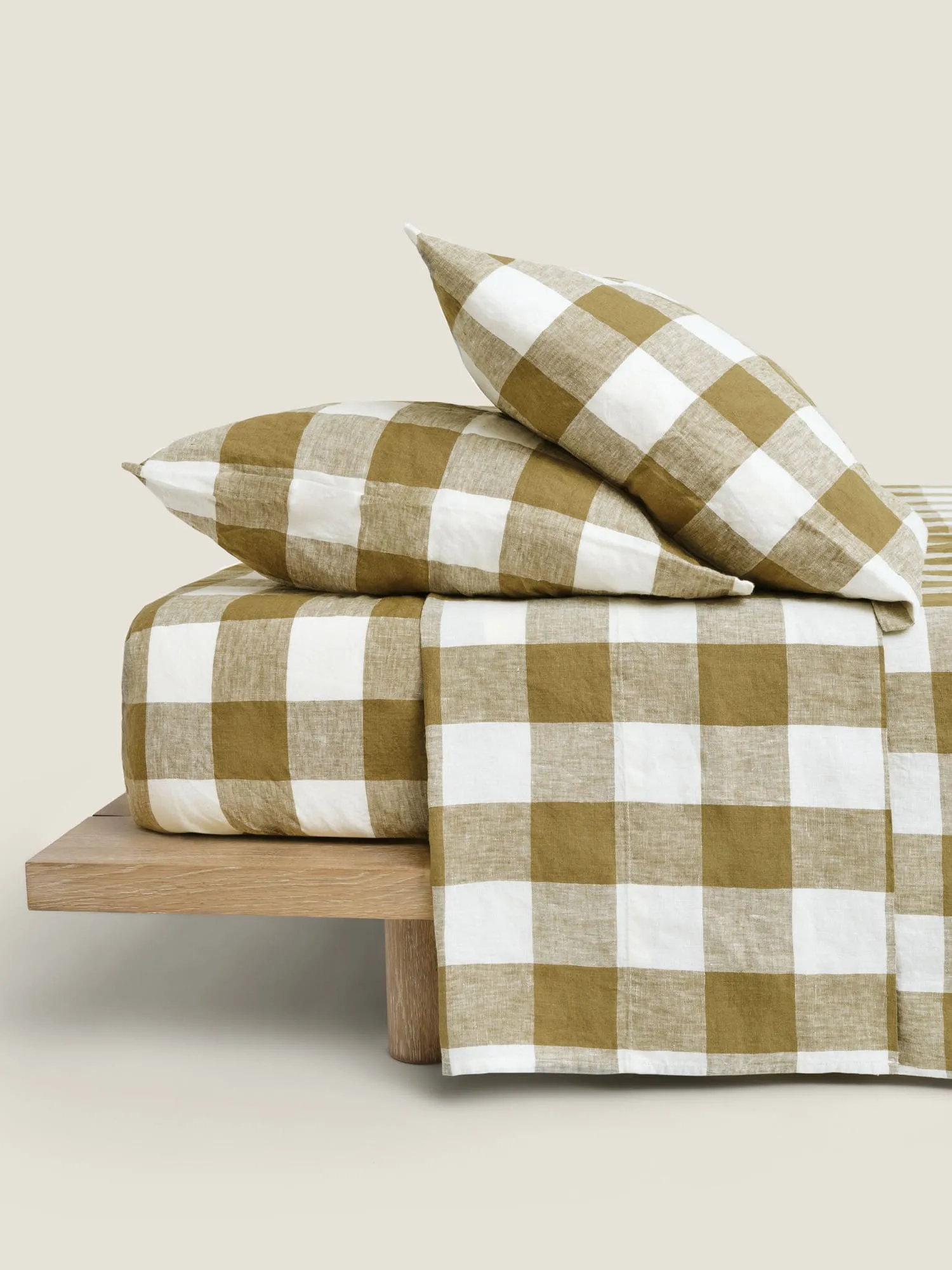 100% Linen Sheet Set in Olive Check