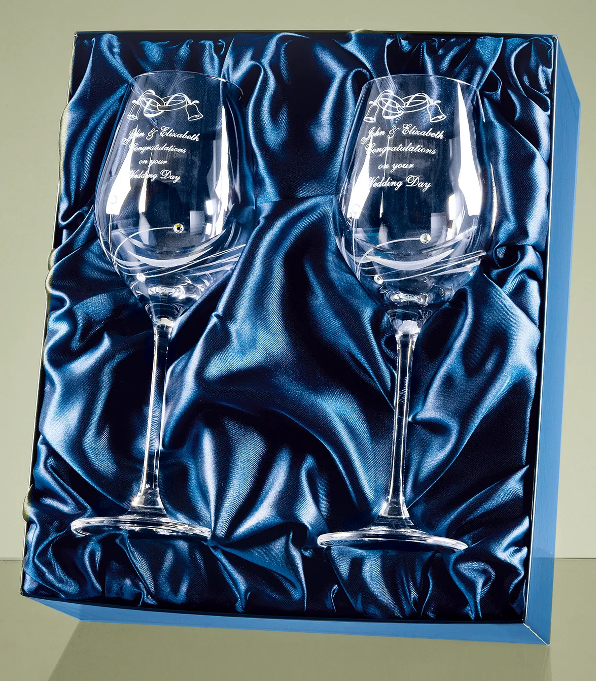 2 Diamante Personalised Engraved Wine Glasses in a Satin Lined Gift Box - Engraved