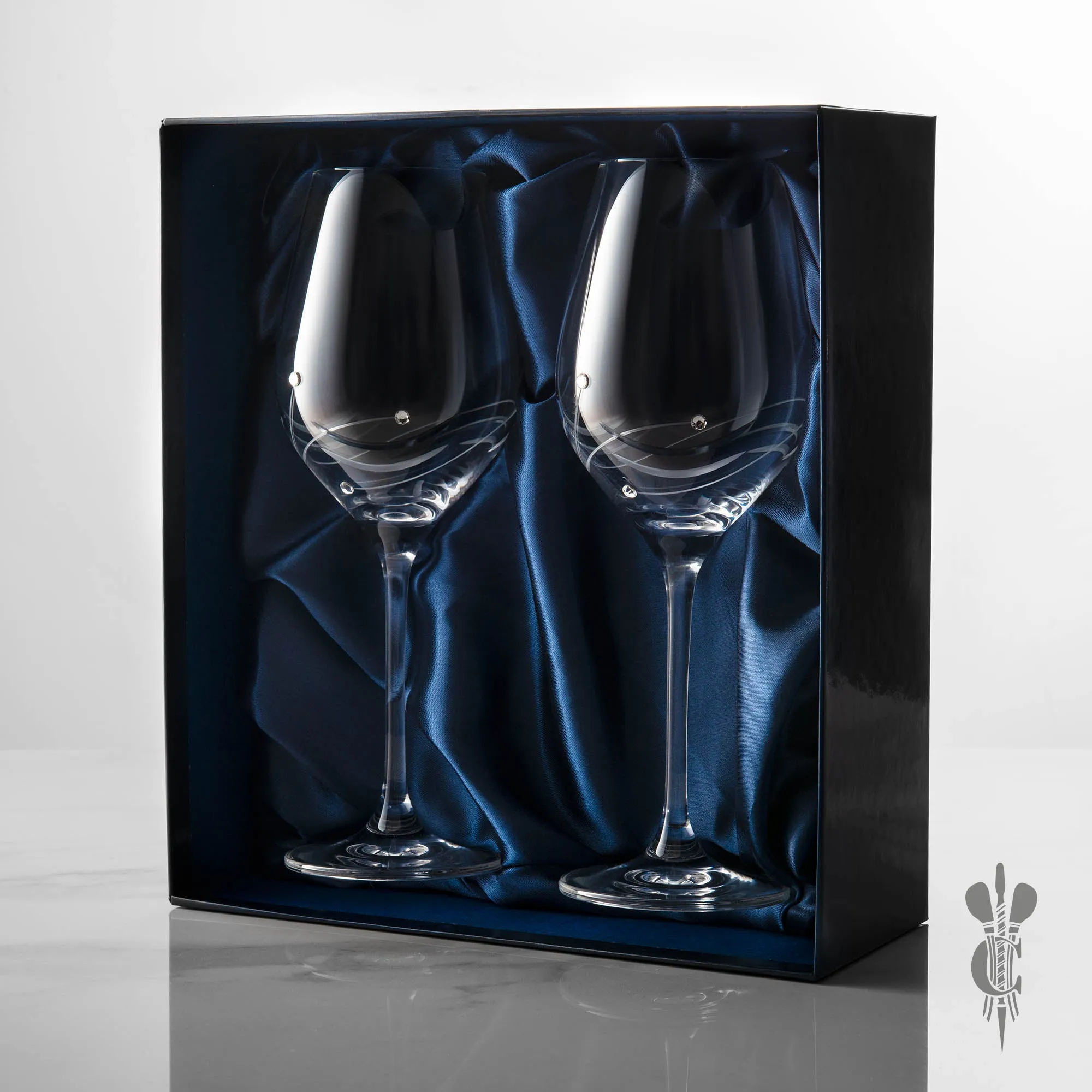 2 Diamante Personalised Engraved Wine Glasses in a Satin Lined Gift Box - Engraved