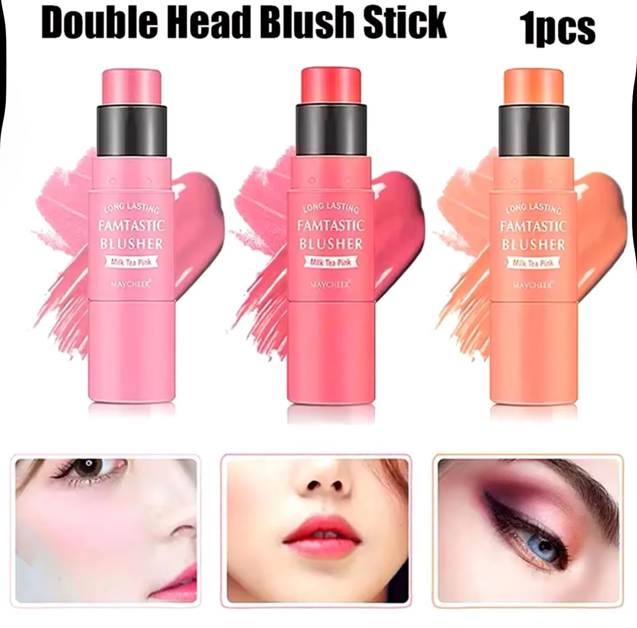 2 in 1  Cream Blush Stick for Cheeks Blush for Cheeks Tint & Eyes & Lips, Cheek Makeup Stick Makeup Blush with Brush, Waterproof