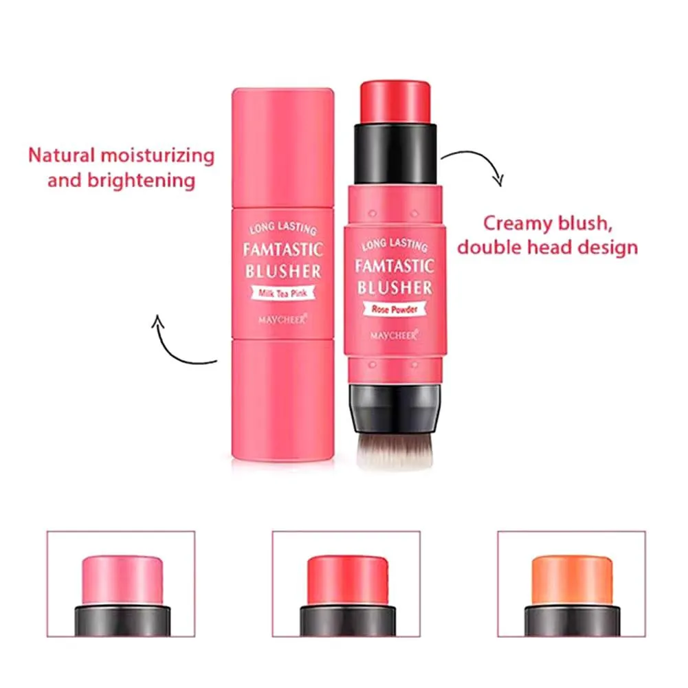 2 in 1  Cream Blush Stick for Cheeks Blush for Cheeks Tint & Eyes & Lips, Cheek Makeup Stick Makeup Blush with Brush, Waterproof