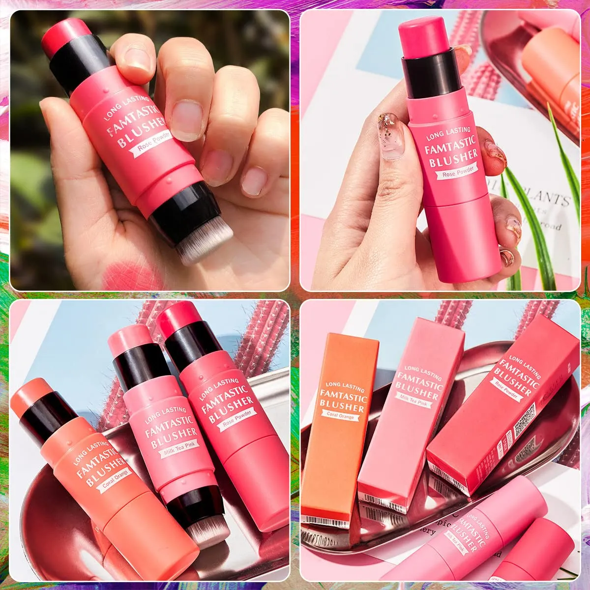 2 in 1  Cream Blush Stick for Cheeks Blush for Cheeks Tint & Eyes & Lips, Cheek Makeup Stick Makeup Blush with Brush, Waterproof