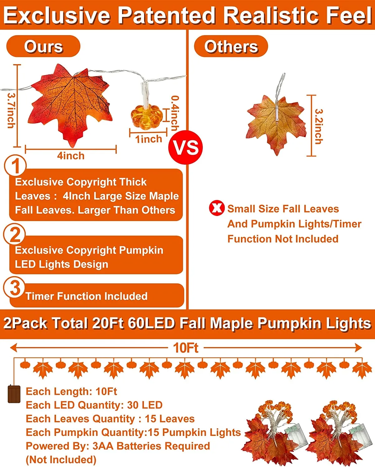 2 Pack Fall Decorations Realistic Fall Pumpkin Garland Lights with Timer Total 20FT 60LED Fall Lights Battery Operated for Halloween Fall Decoration