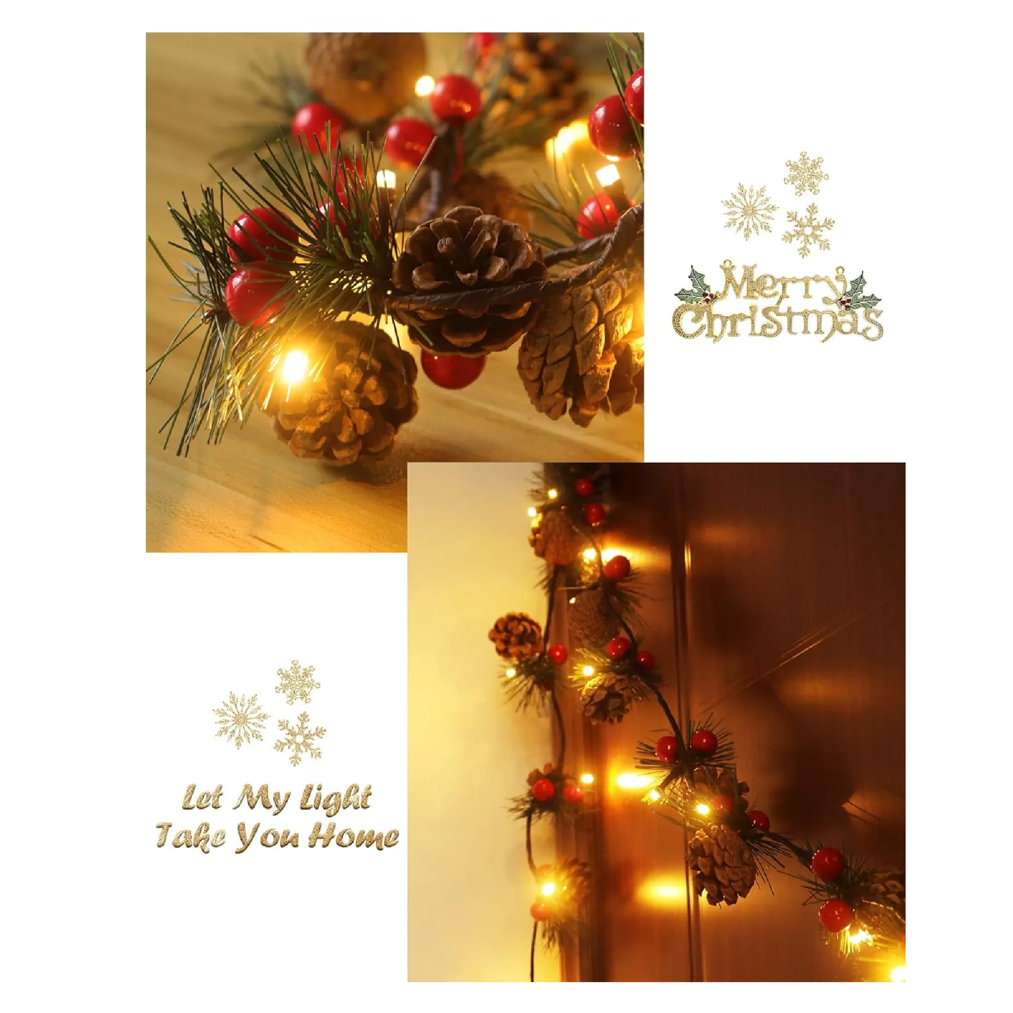 2 PCS Christmas Garland with Lights and Bigger Pine Cones, Led String Lights, Red Berries, Needle, Pine Cone, Xmas Wreath, Christmas Lights for Indoor Decorations, Fireplace, 6.6 FT, 20 Led