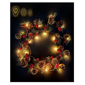 2 PCS Christmas Garland with Lights and Bigger Pine Cones, Led String Lights, Red Berries, Needle, Pine Cone, Xmas Wreath, Christmas Lights for Indoor Decorations, Fireplace, 6.6 FT, 20 Led