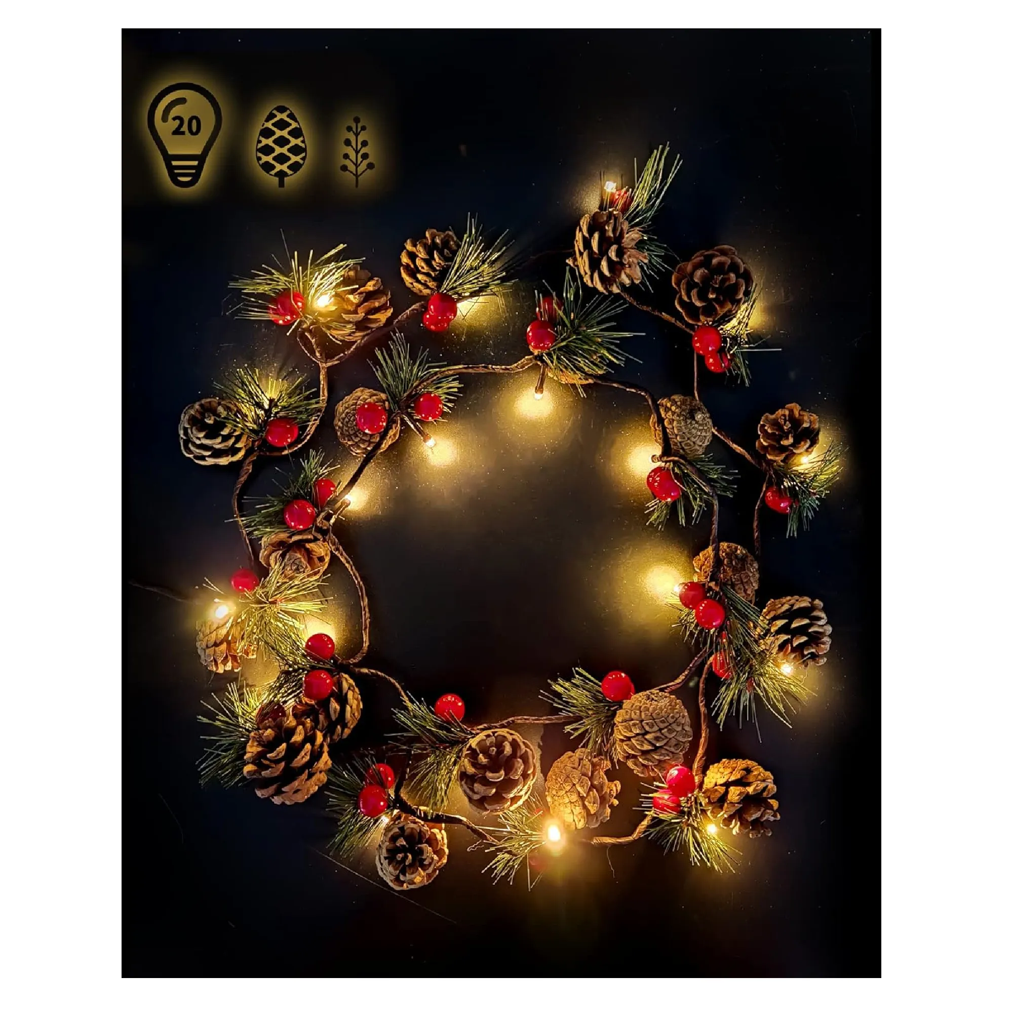 2 PCS Christmas Garland with Lights and Bigger Pine Cones, Led String Lights, Red Berries, Needle, Pine Cone, Xmas Wreath, Christmas Lights for Indoor Decorations, Fireplace, 6.6 FT, 20 Led