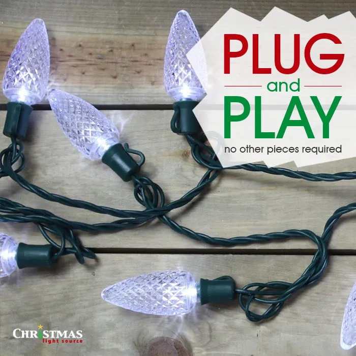 25-light C9 Pure White LED Christmas Lights, 8" Spacing Green Wire