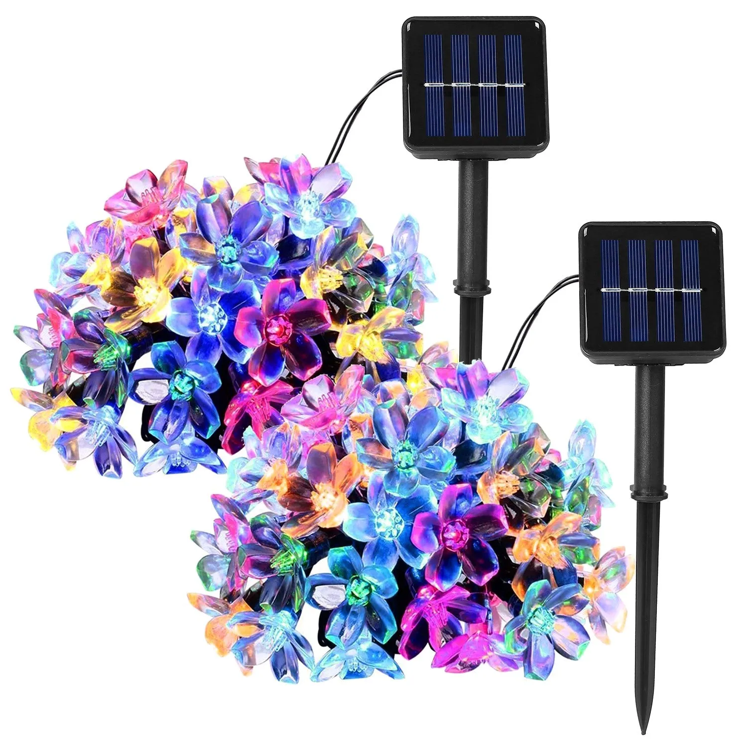 2Pcs Solar Powered String Lights 50LED Beads Fairy Sakura Flower Blossom Lights IP65 Waterproof Colorful Decorative Party Christmas Tree Lamps w/ 8 Li