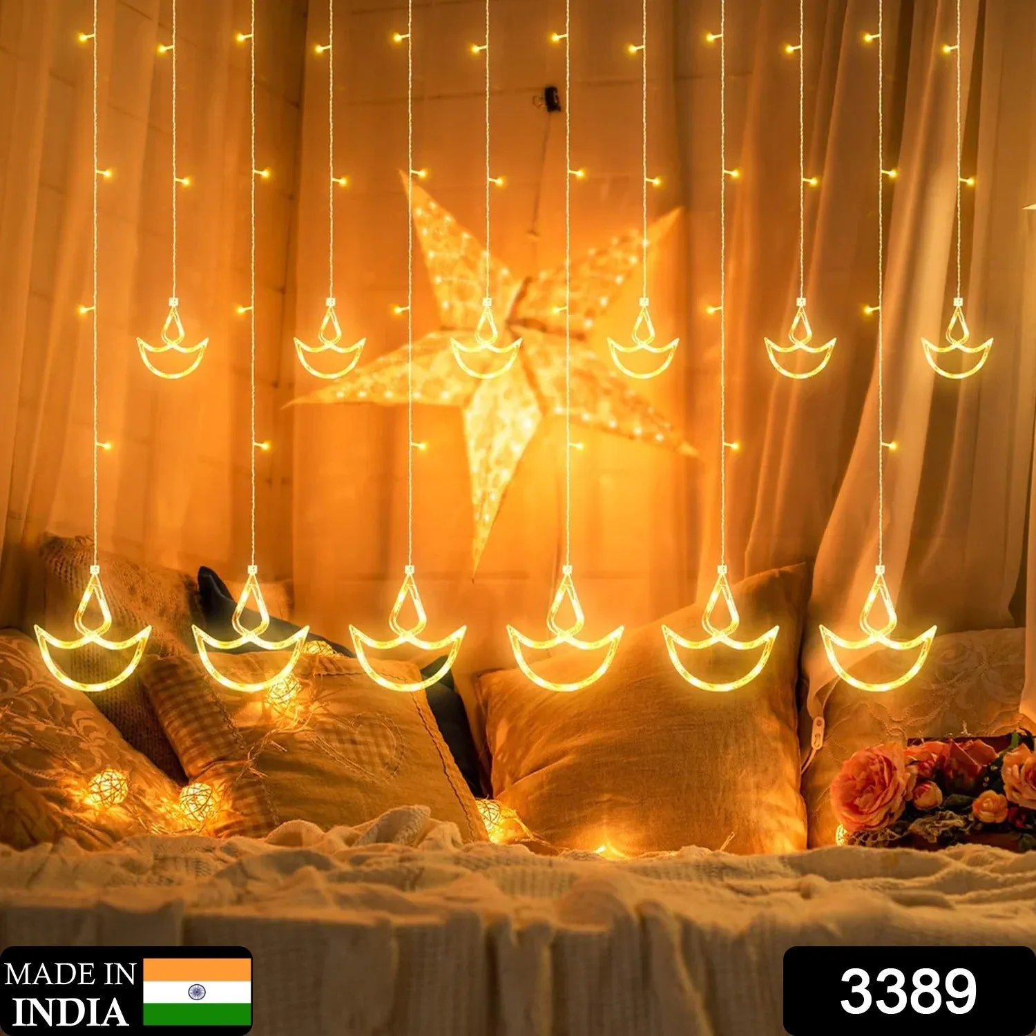 3389 12 Diyas Window Curtain LED Lights with 8 Flashing Modes Decoration for Home Decoration, Diwali & Wedding LED Christmas Light Indoor and Outdoor Light ,Festival Decoration, Light Plug-in (Warm White)