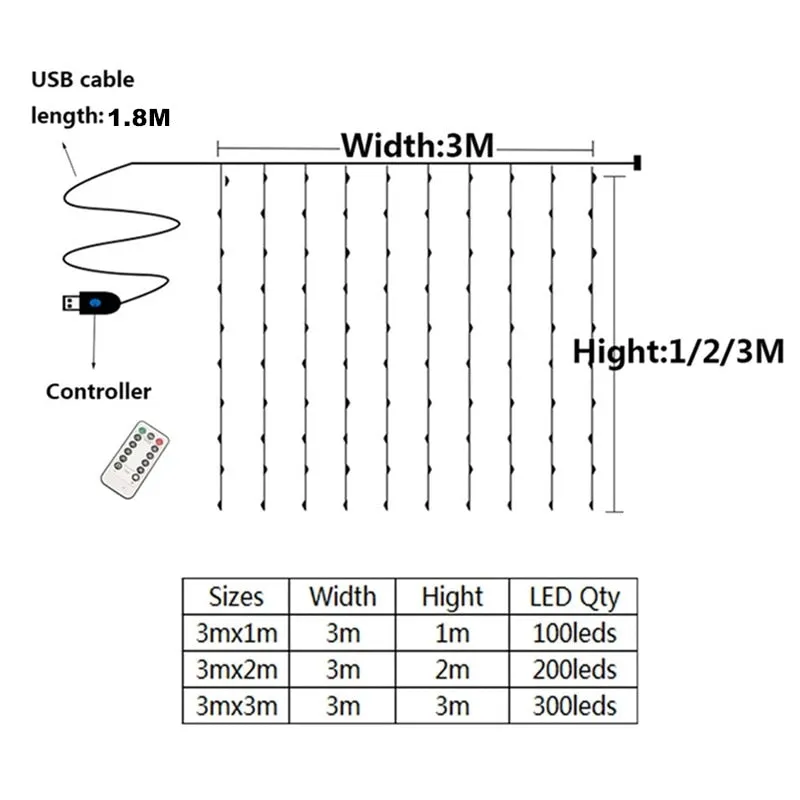 3M LED Curtain String Lights