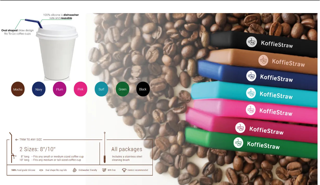 4-Pack of KoffieStraw 8": Mocha, Navy, Plum, Surf with stainless steel cleaning brush in a home compostable packaging