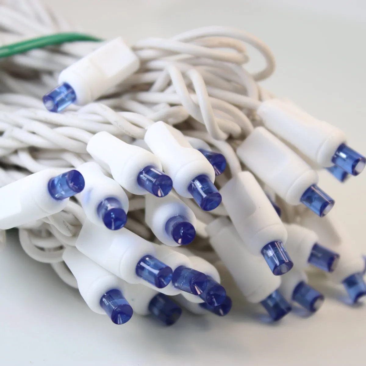 50-light  5mm Blue LED Christmas Lights, 4" Spacing, White Wire