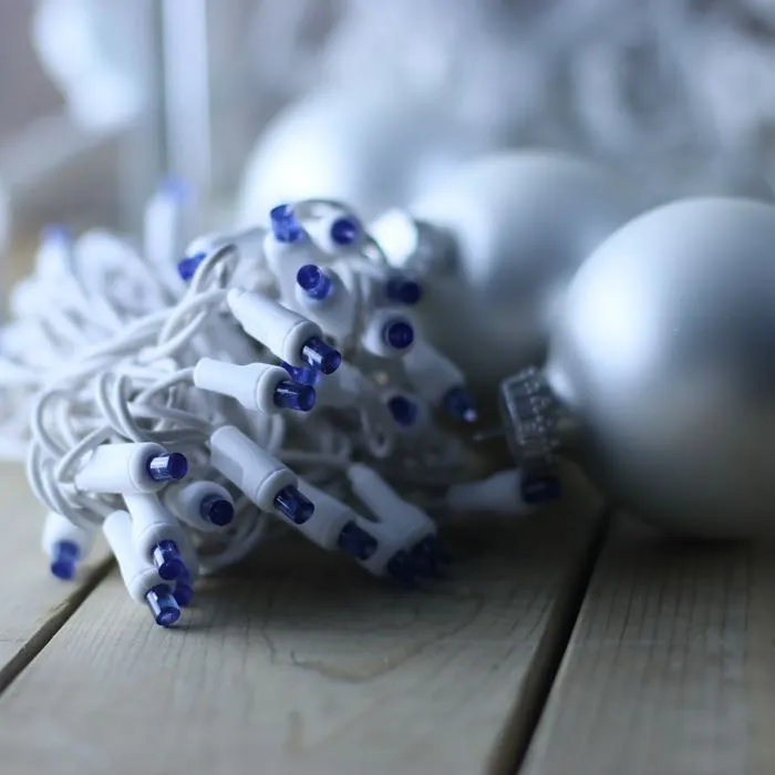 50-light  5mm Blue LED Christmas Lights, 4" Spacing, White Wire