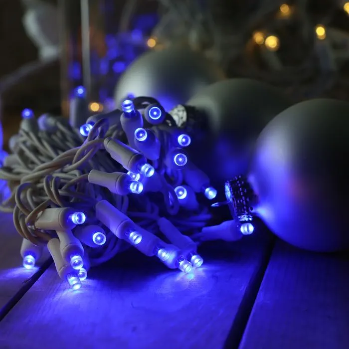 50-light  5mm Blue LED Christmas Lights, 4" Spacing, White Wire