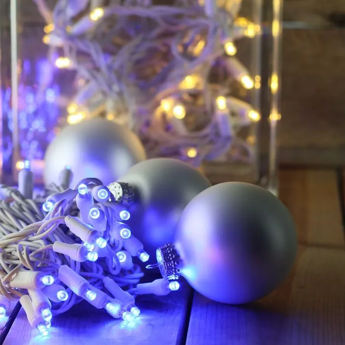 50-light  5mm Blue LED Christmas Lights, 4" Spacing, White Wire