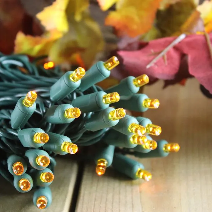 50-light  5mm Orange LED Christmas Lights, 6" Spacing Green Wire