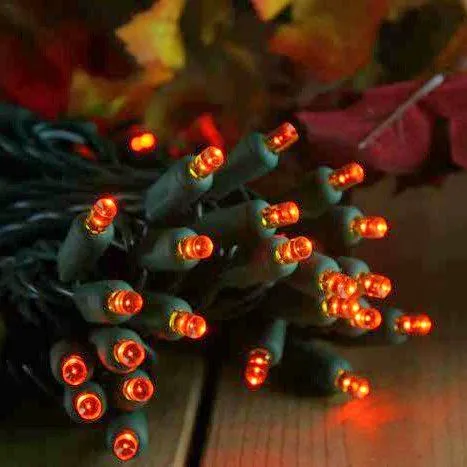 50-light  5mm Orange LED Christmas Lights, 6" Spacing Green Wire