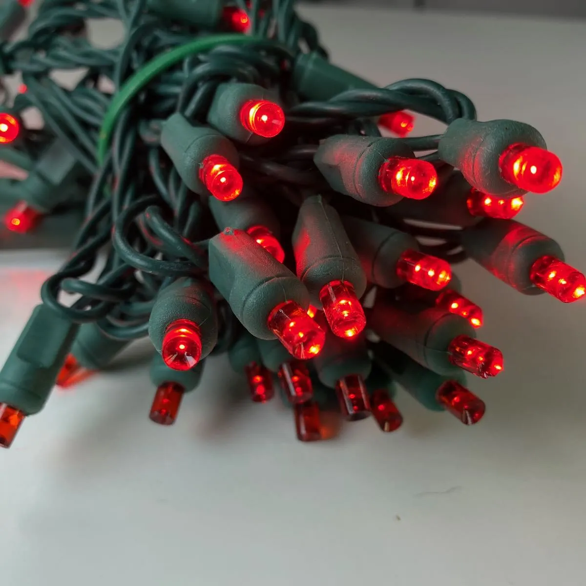 50-light  5mm Red LED Christmas Lights, 6" Spacing Green Wire