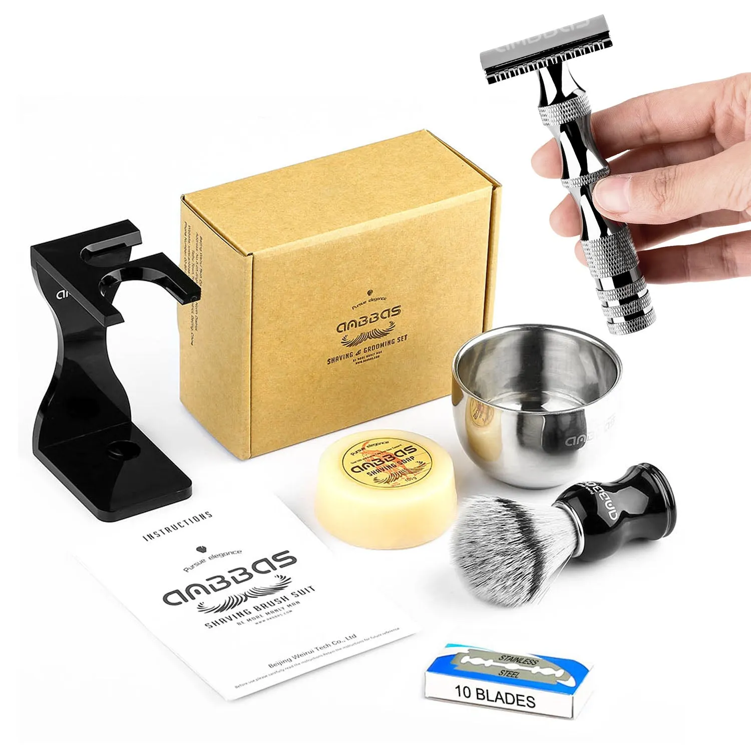 5IN1 Shaving Set Synthetic Brush & Bowl,3.5oz Soap, Black Holer with DE Razor