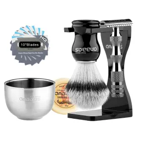 5IN1 Shaving Set Synthetic Brush & Bowl,3.5oz Soap, Black Holer with DE Razor