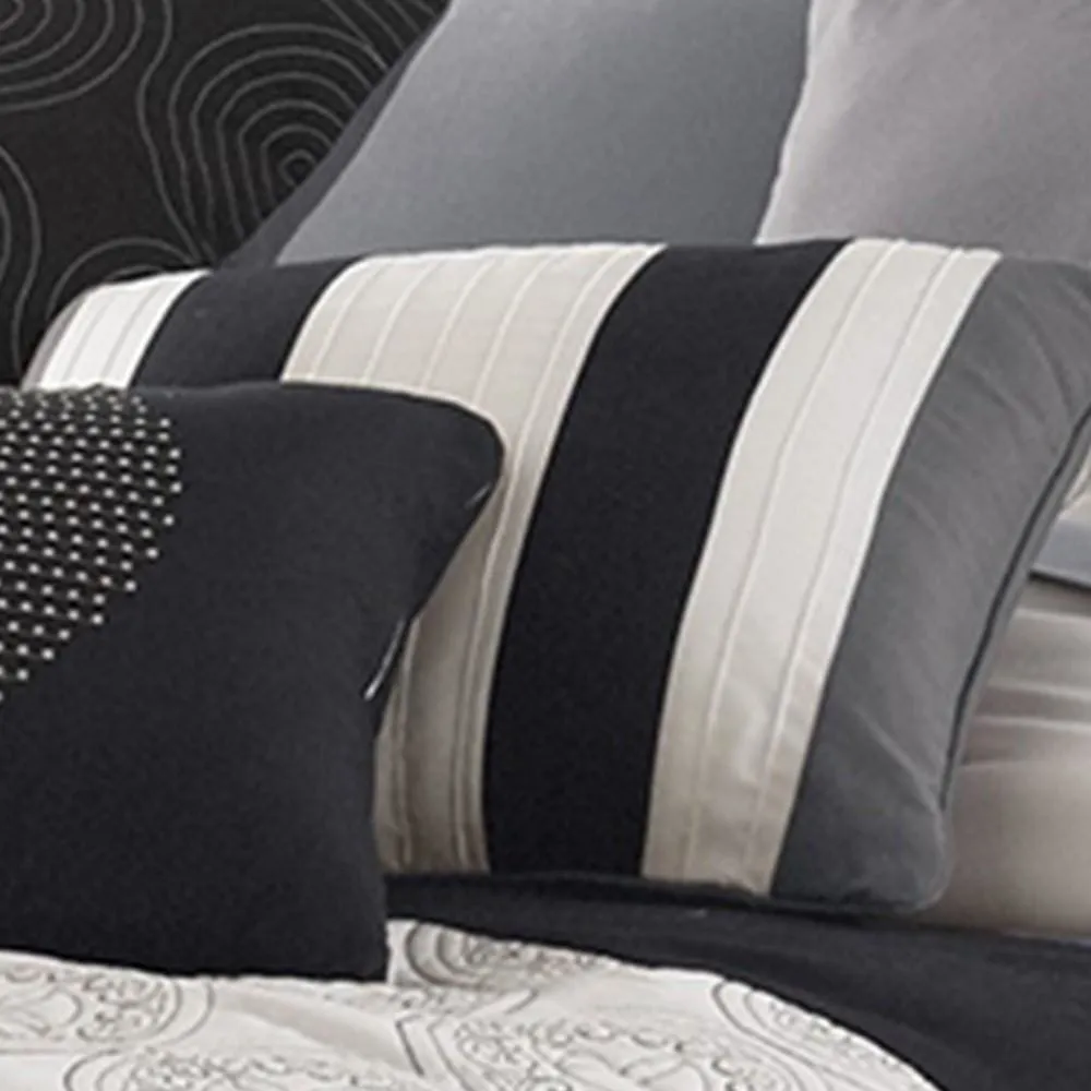 7 Piece Queen Cotton Comforter Set with Geometric Print, Gray and Black By Casagear Home