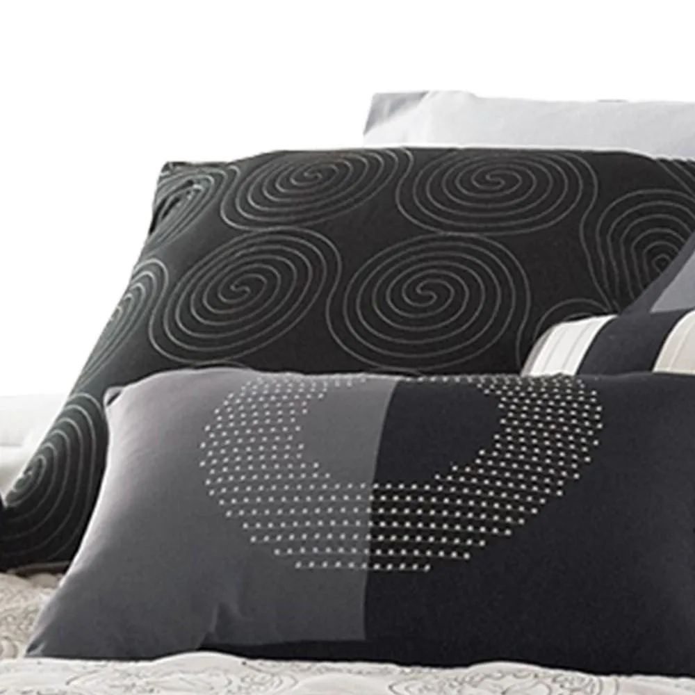 7 Piece Queen Cotton Comforter Set with Geometric Print, Gray and Black By Casagear Home