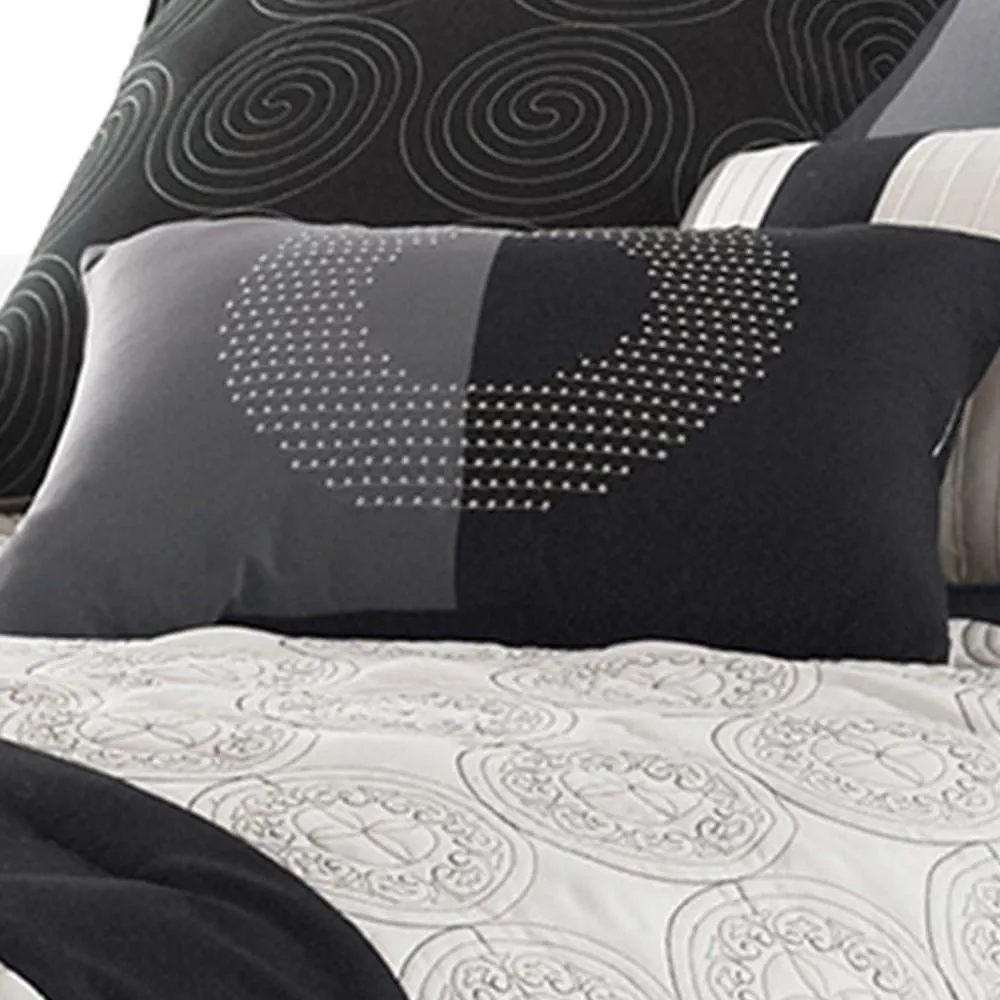 7 Piece Queen Cotton Comforter Set with Geometric Print, Gray and Black By Casagear Home