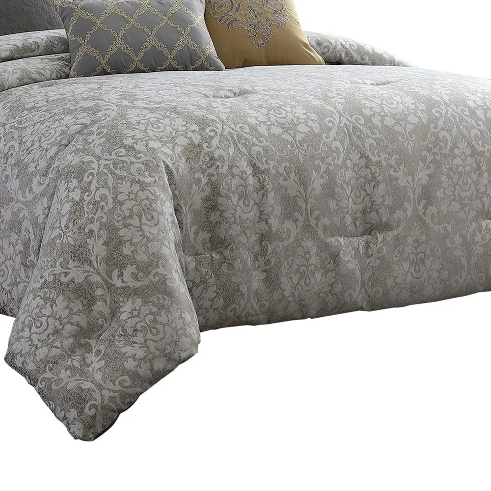 8 Piece Queen Polyester Comforter Set with Medallion Print, Gray and Gold By Casagear Home