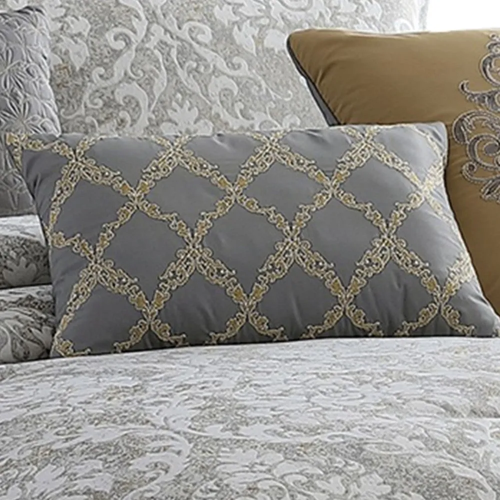 8 Piece Queen Polyester Comforter Set with Medallion Print, Gray and Gold By Casagear Home