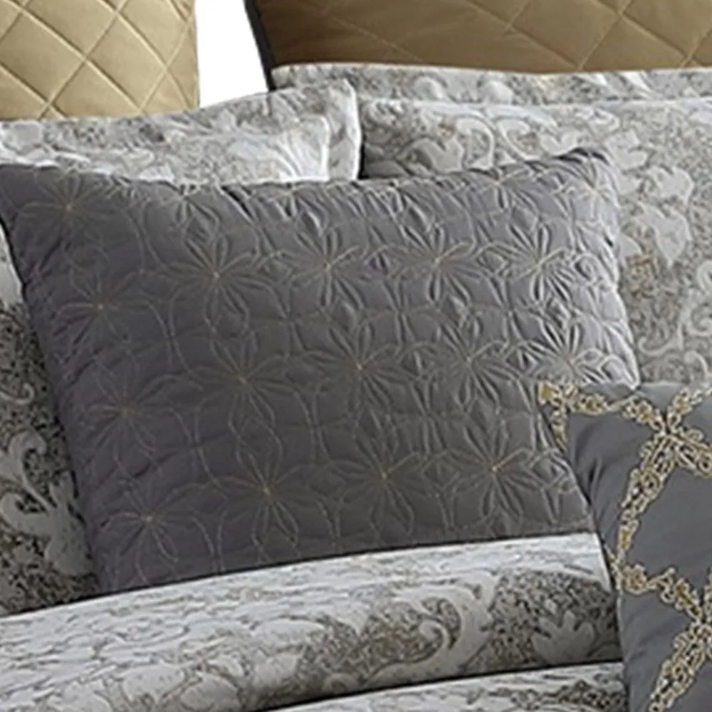 8 Piece Queen Polyester Comforter Set with Medallion Print, Gray and Gold By Casagear Home