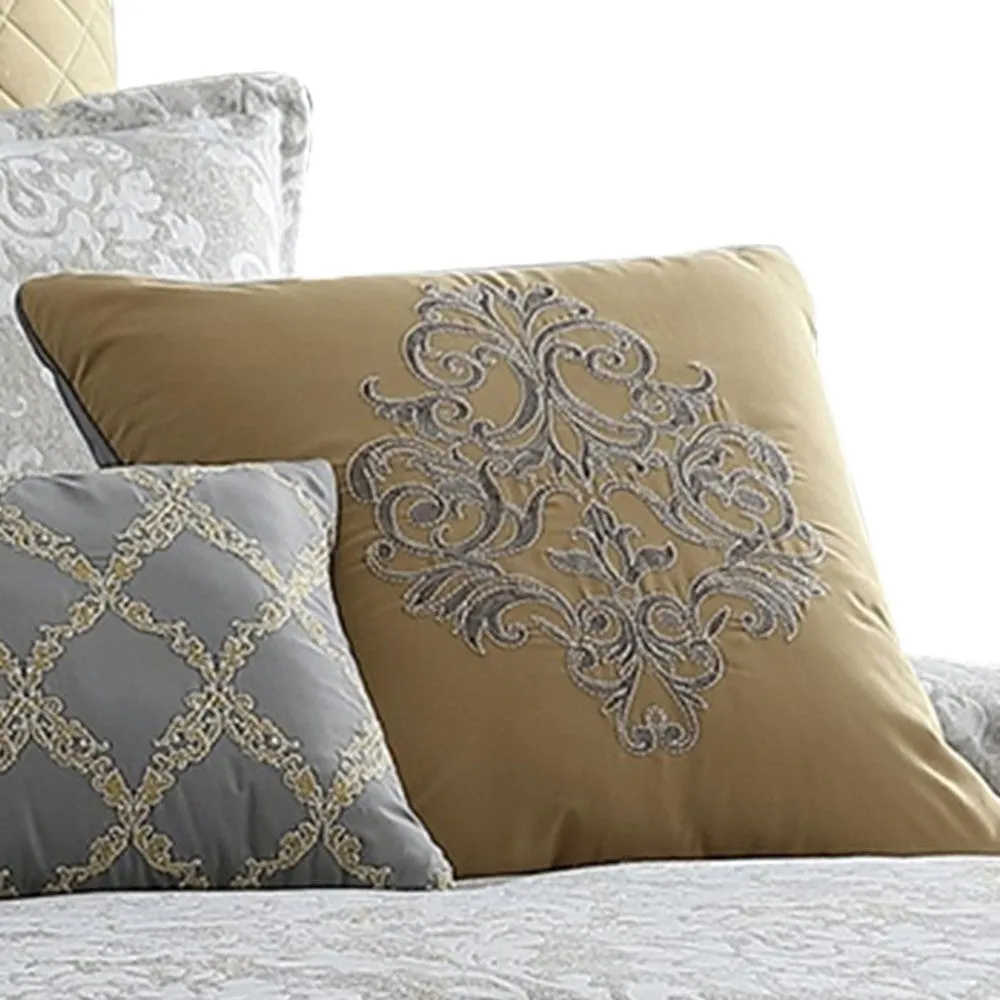 8 Piece Queen Polyester Comforter Set with Medallion Print, Gray and Gold By Casagear Home