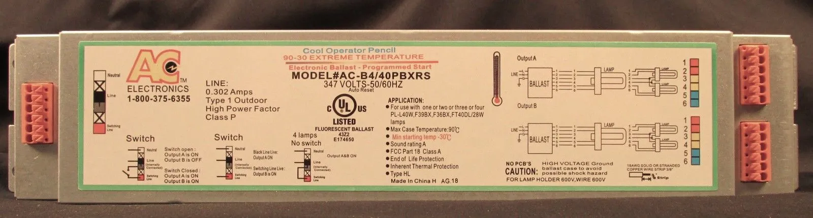 AC Ballast AC-B4/40PBXRS - 1-4 lamps - 40w CFL lamps - 347v