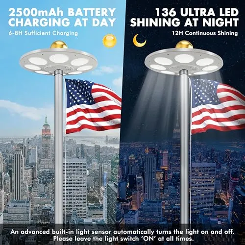 Aurolit Flagpole Light Solar Powered,Auro 5 Flag Pole Light 136 LED for 15-25 Ft Poles,12 Hour Dusk to Dawn Auto On/Off,Spectacular Aurora Lighting on Outdoor Pole Top