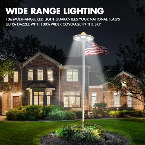 Aurolit Flagpole Light Solar Powered,Auro 5 Flag Pole Light 136 LED for 15-25 Ft Poles,12 Hour Dusk to Dawn Auto On/Off,Spectacular Aurora Lighting on Outdoor Pole Top