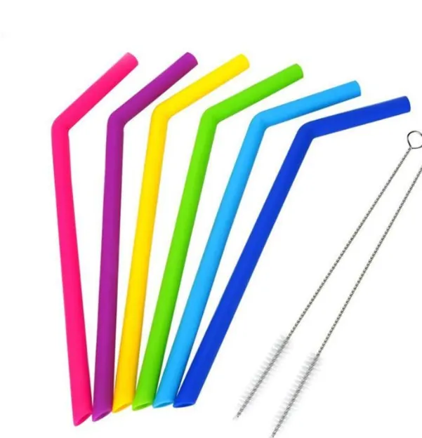 AWESOME REUSABLE RAINBOW SILICONE STRAWS (PACK OF 6   CLEANING BRUSH)