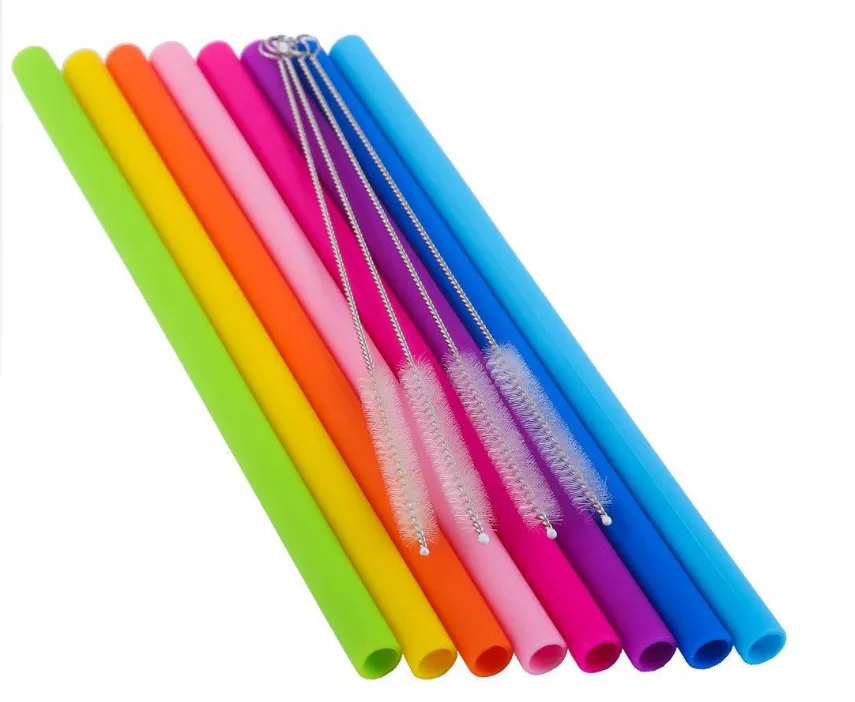 AWESOME REUSABLE RAINBOW SILICONE STRAWS (PACK OF 6   CLEANING BRUSH)