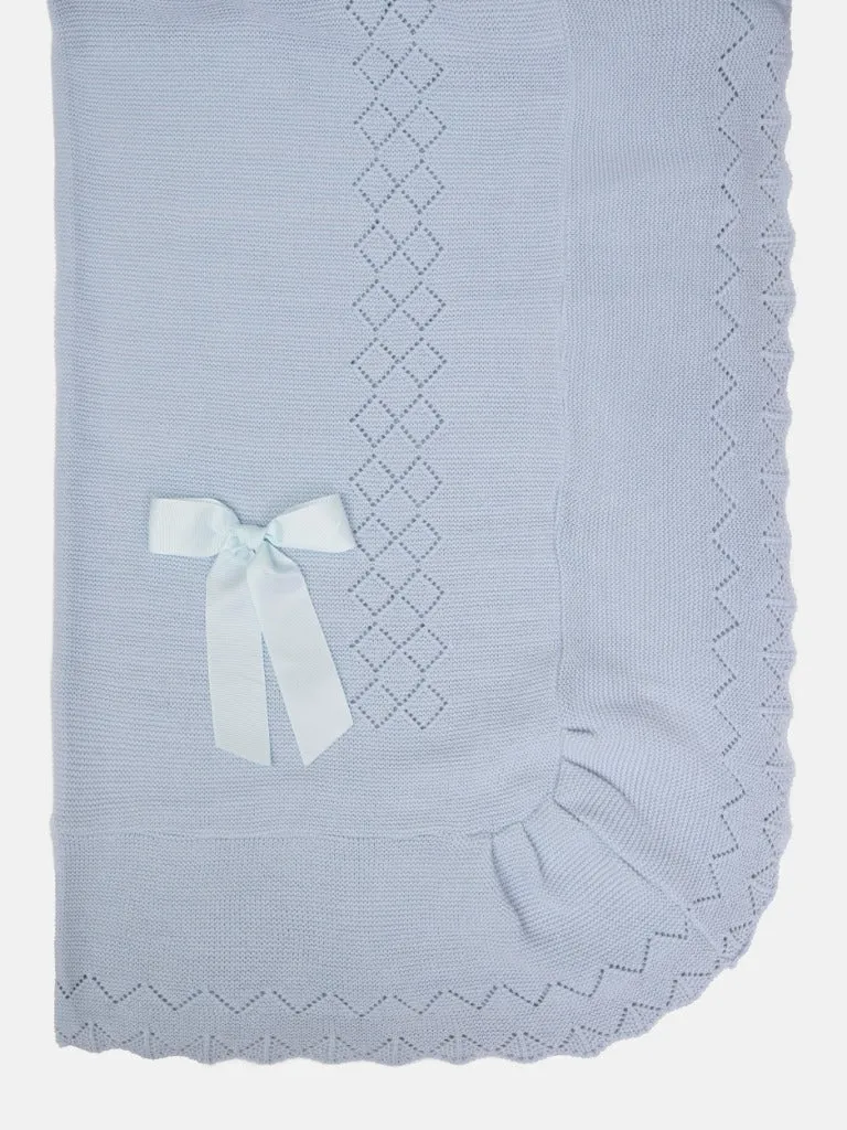 Baby Diamond Knitted Spanish Blanket with Satin Bow-Baby Blue