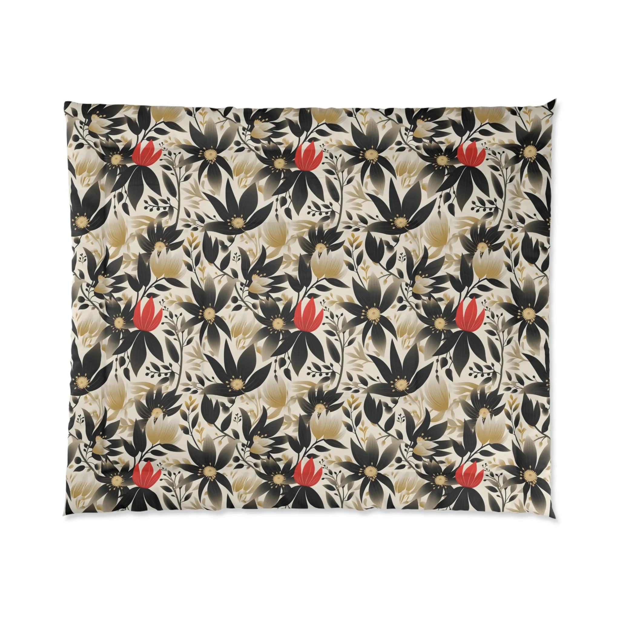 Black, White, hint of Red floral Comforter