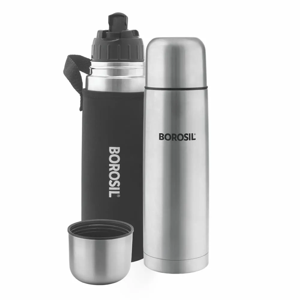 Borosil Hydra Thermo Flask with Thermal Cover, 1000 ml, Silver & Hydra Bolt Trans, Blue, 1L & Oyster Vacuum Insulated Teapot (Silver, 2 L)