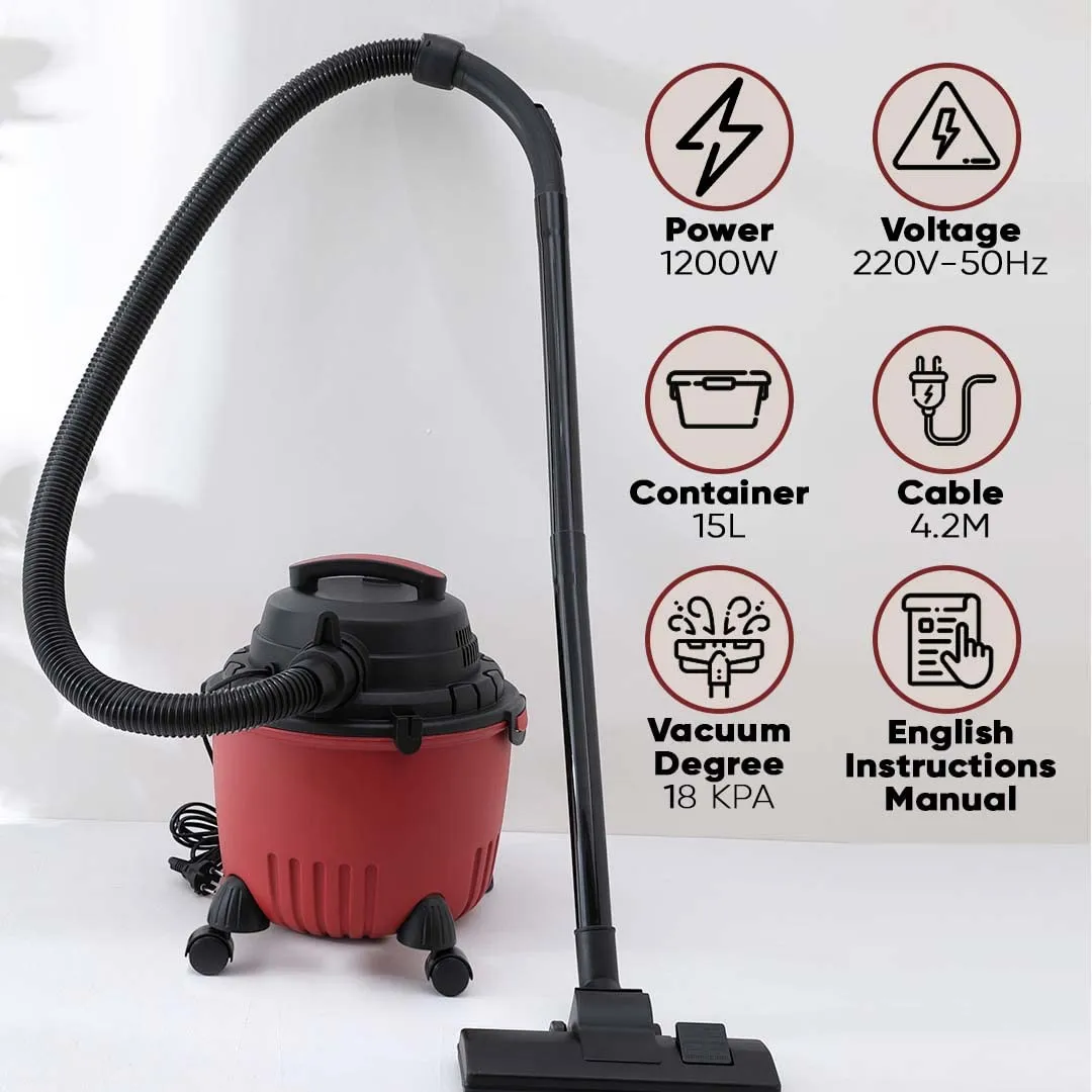 Cheston Vacuum Cleaner Wet & Dry 15L Capacity|1200W Motor with HEPA Filter, & Blower Function for Home, Office, Carpet, Car, Sofa Cleaning Machine (Red)|Powerful and Versatile Cleaning Appliance