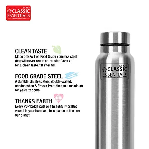 Classic Essentials Spring Stainless Steel Single Walled Fridge Water Bottle (1000ml, Silver)