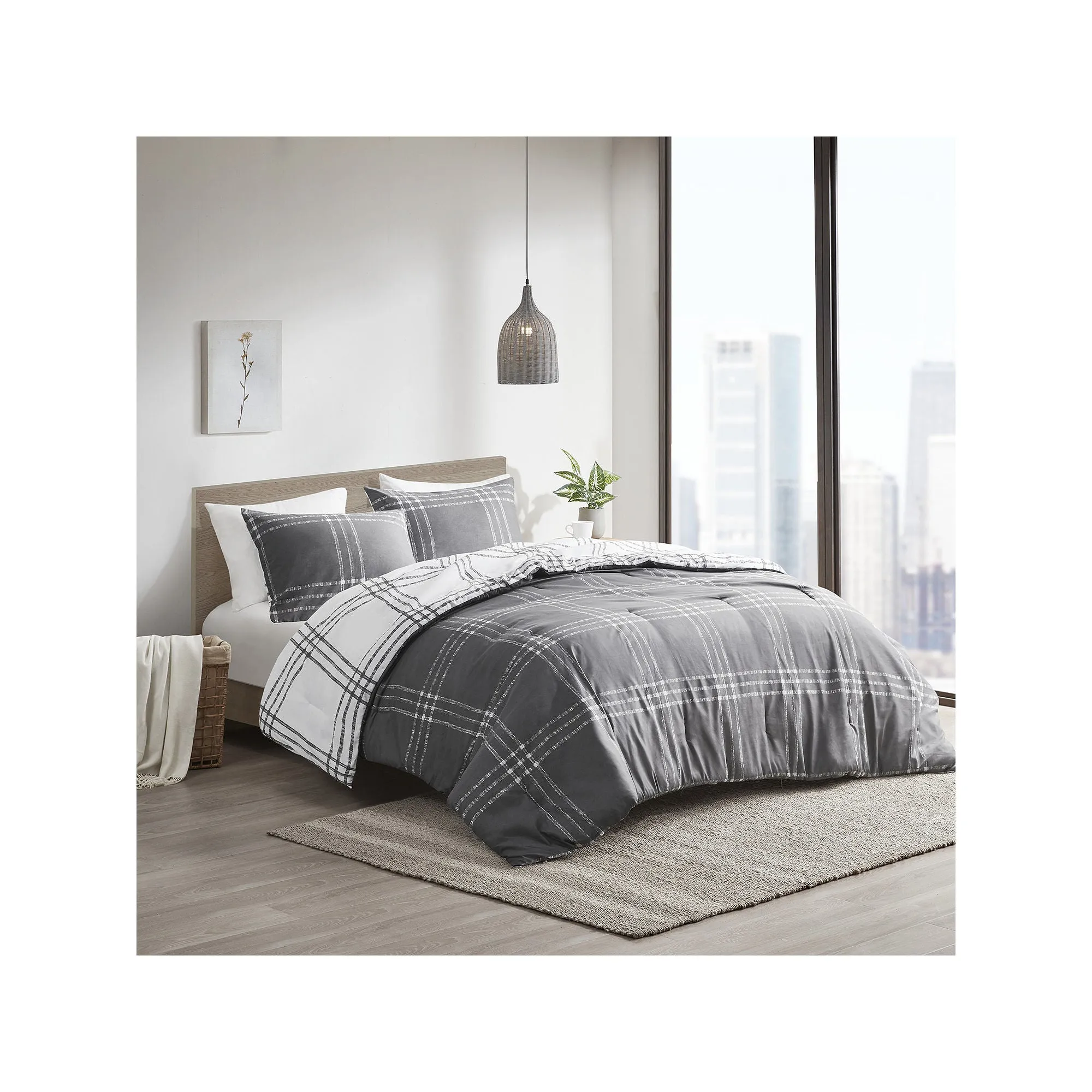 Clean Spaces Nathan 3 Piece Plaid Reversible Comforter Set - WHITE GRAY ONE SIZE