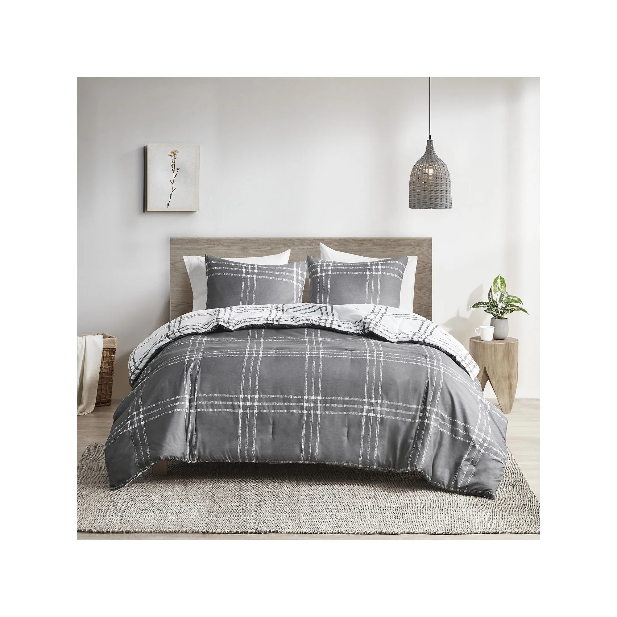 Clean Spaces Nathan 3 Piece Plaid Reversible Comforter Set - WHITE GRAY ONE SIZE