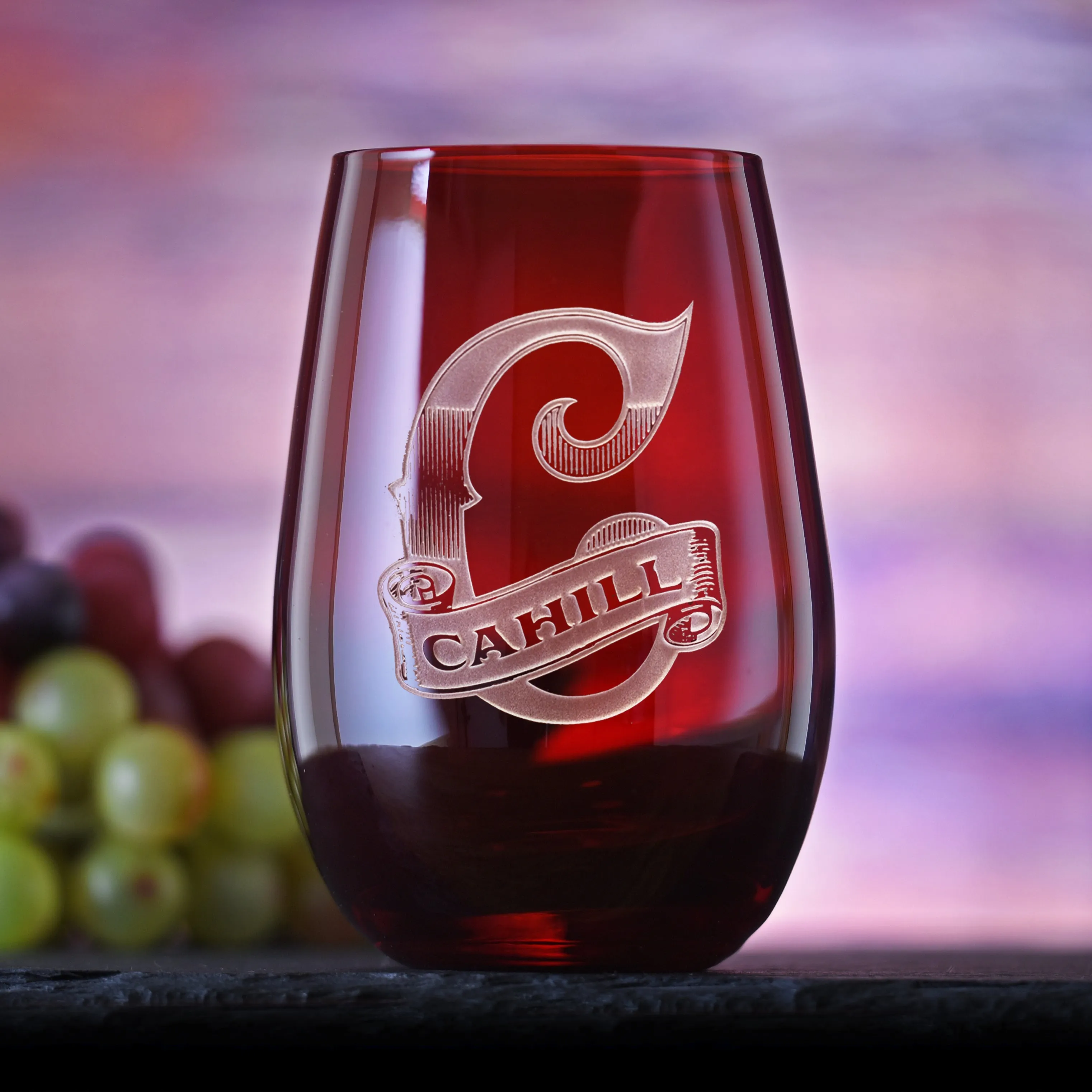 Custom Engraved Red Stemless Wine Glass Tumbler by Crystal Imagery