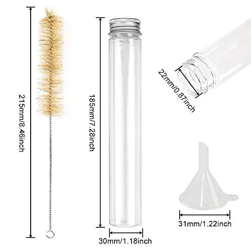 DEPEPE 18pcs 115ml Clear Flat Plastic Test Tubes with Screw Caps 30 x 180mm with 3 Funnels and 1 Brush, Large Test Tubes Containers for Bath Salt Candy Storage