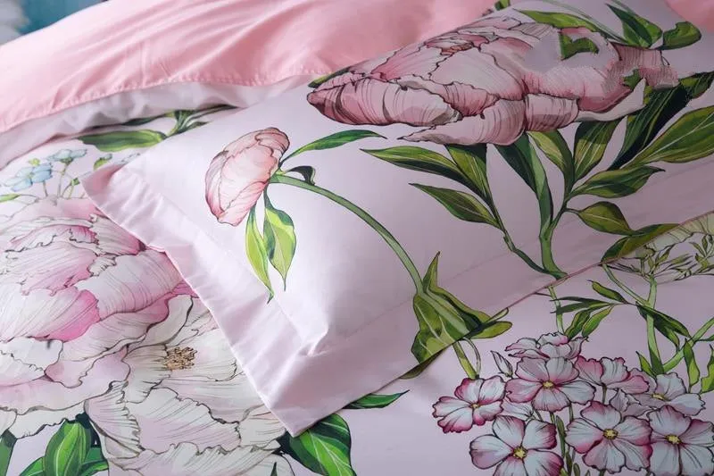 Designer Brocade Pink Peony and Green Leaves Pastoral Luxury 4-Piece Cotton Bedding Sets