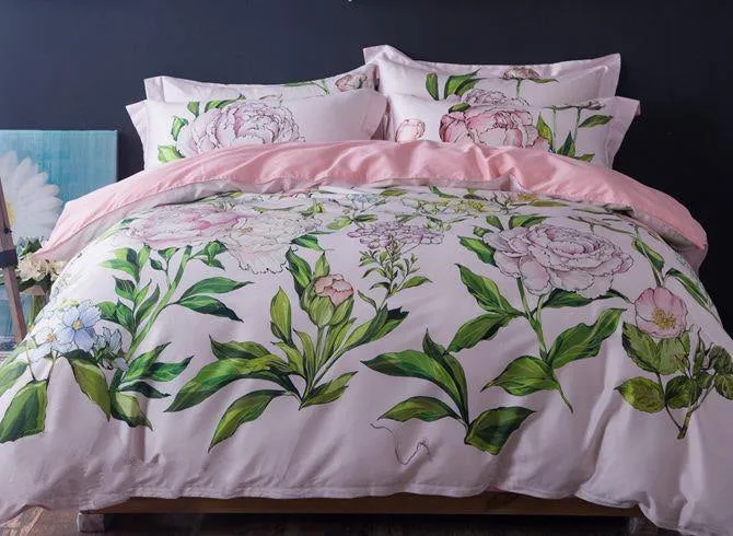 Designer Brocade Pink Peony and Green Leaves Pastoral Luxury 4-Piece Cotton Bedding Sets