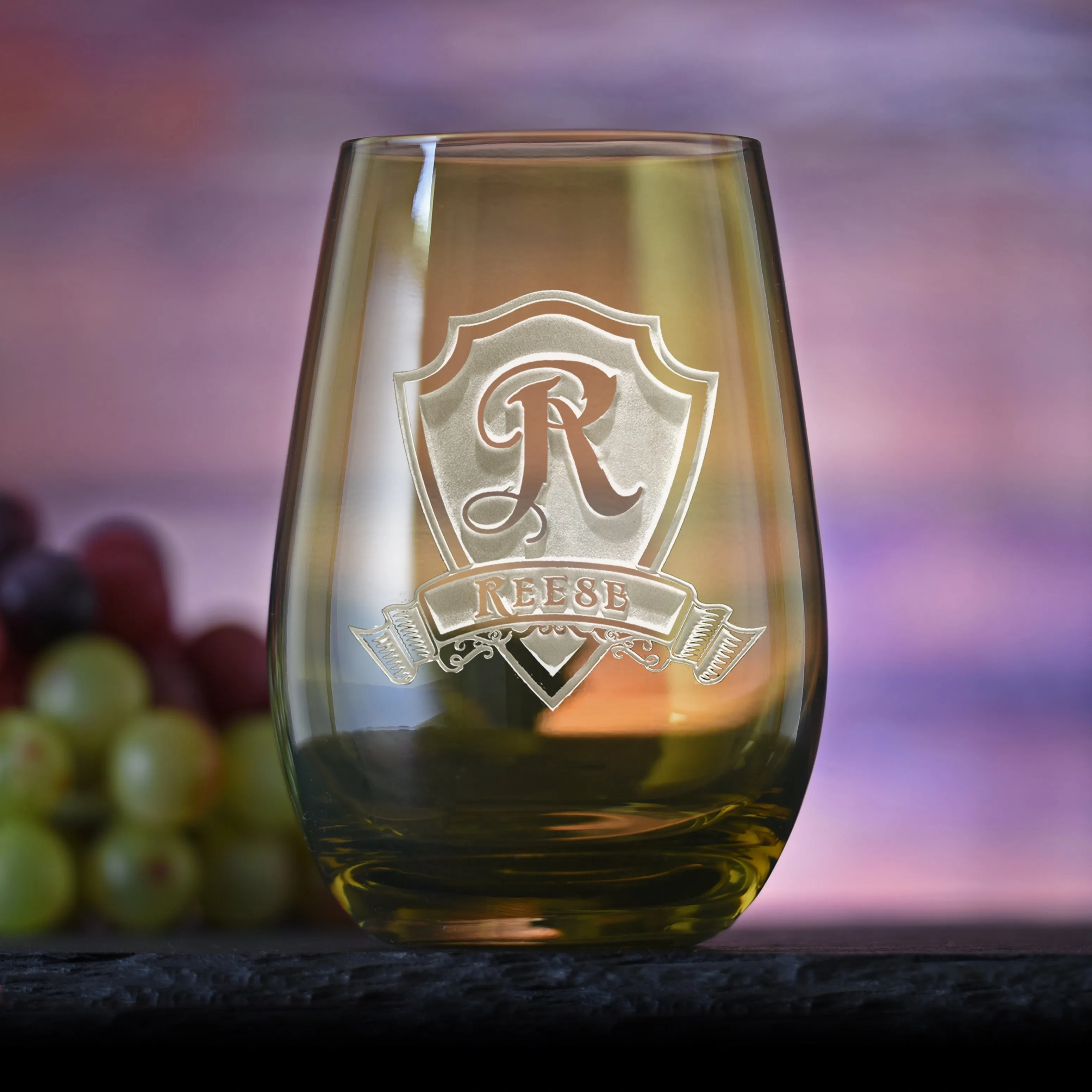 Engraved Green Stemless Wine Glass Tumbler by Crystal Imagery