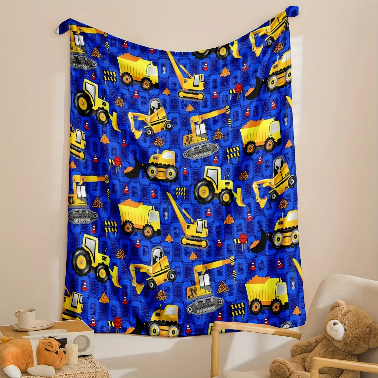 Excavator Print Flannel Blanket Soft Cozy Throw Travel Blanket