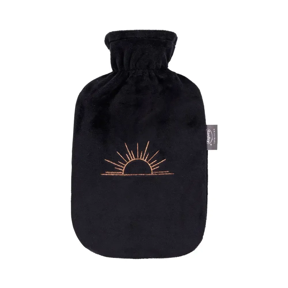 Fashy Hot Water Bottle With Removeable Cover Black Plush Rising Sun